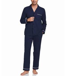 COLORFULLEAF Schlafanzug Herren Lang Pyjama Herren mit Knöpfen Baumwolle Zweiteiliger Langarm Shirt und Pyjamahose mit Tasche(A-Navy blau,M) von COLORFULLEAF
