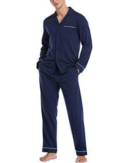 COLORFULLEAF Schlafanzug Herren Lang Pyjama Herren mit Knöpfen Baumwolle Zweiteiliger Langarm Shirt und Pyjamahose mit Tasche(A-Navy blau,XL) von COLORFULLEAF