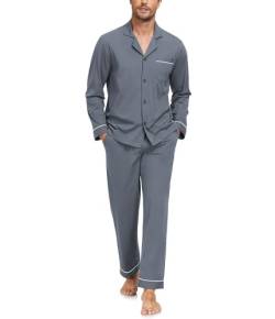 COLORFULLEAF Schlafanzug Herren Lang Pyjama Herren mit Knöpfen Baumwolle Zweiteiliger Langarm Shirt und Pyjamahose mit Tasche(Dunkelgrau,L) von COLORFULLEAF