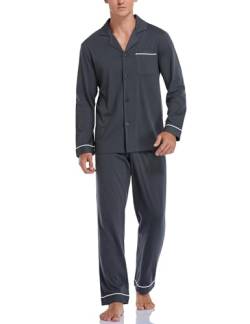 COLORFULLEAF Schlafanzug Herren Lang Pyjama Herren mit Knöpfen Baumwolle Zweiteiliger Langarm Shirt und Pyjamahose mit Tasche(Dunkelgrau,M) von COLORFULLEAF