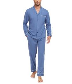 COLORFULLEAF Schlafanzug Herren Lang Pyjama Herren mit Knöpfen Baumwolle Zweiteiliger Langarm Shirt und Pyjamahose mit Tasche(Hellblau,L) von COLORFULLEAF