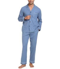 COLORFULLEAF Schlafanzug Herren Lang Pyjama Herren mit Knöpfen Baumwolle Zweiteiliger Langarm Shirt und Pyjamahose mit Tasche(Hellblau,M) von COLORFULLEAF