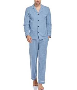 COLORFULLEAF Schlafanzug Herren Lang Pyjama Herren mit Knöpfen Baumwolle Zweiteiliger Langarm Shirt und Pyjamahose mit Tasche(Hellblaues Plaid,XL) von COLORFULLEAF