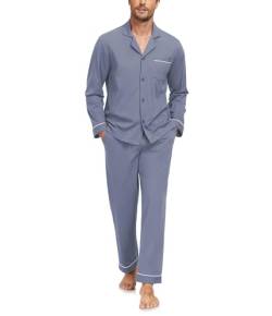 COLORFULLEAF Schlafanzug Herren Lang Pyjama Herren mit Knöpfen Baumwolle Zweiteiliger Langarm Shirt und Pyjamahose mit Tasche(Neues Grau,L) von COLORFULLEAF