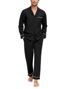 COLORFULLEAF Schlafanzug Herren Lang Pyjama Herren mit Knöpfen Baumwolle Zweiteiliger Langarm Shirt und Pyjamahose mit Tasche(Schwarz,M) von COLORFULLEAF