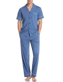 COLORFULLEAF Schlafanzug Herren Baumwolle Pyjama Sommer Zweiteiliges Set Kurzarm T-Shirt Pyjamahose Herren Lang(Blau,S) von COLORFULLEAF