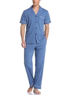 COLORFULLEAF Schlafanzug Herren Baumwolle Pyjama Sommer Zweiteiliges Set Kurzarm T-Shirt Pyjamahose Herren Lang(Blau,XL) von COLORFULLEAF