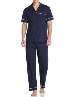 COLORFULLEAF Schlafanzug Zweiteiliger Pyjama für Herren Baumwolle Nachtwäsche Kurzarm Shirt und Loungehose Sommer Loungewear(Navy blau,XL) von COLORFULLEAF