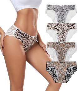 COLORFULLEAF Unterwäsche Frauen Leopard Unterhosen Sexy 4er Pack Damen Leo Print Slip Panty mit Spitze Atmungsaktiver Bikinis Mehrpack(4B,L) von COLORFULLEAF