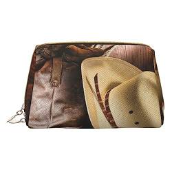 COMAAM Leder Make-up Taschen Schneemobil Gedruckt Kulturbeutel Tragbare Kosmetiktaschen Täglichen Gebrauch Lagerung Geldbörse Für Frauen, Cowboy Black Hat Westernstiefel, Einheitsgröße von COMAAM