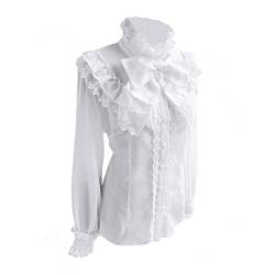 COMBACK Viktorianische Bluse Damen Gothic Lolita Renaissance Shirt Vintage Langarm Lotus Rüschen, Weiß, 3X-Groß von COMBACK