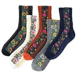 COMFOLIVING Vintage bestickte Blumensocken, 5 Paar/Set ethnische Winter-Thermo-bestickte Socken, Ultra dicke, warme, isolierte Crew-Socken für Bodensocken bei kaltem Wetter von COMFOLIVING