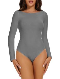 COMFREE Body Bodysuit Damen Elegant Rundhals Langarm Top Overall für Freizeit Eleganter Langarmshirt zweiten Skin T shirt Off Shoulder Grau L von COMFREE