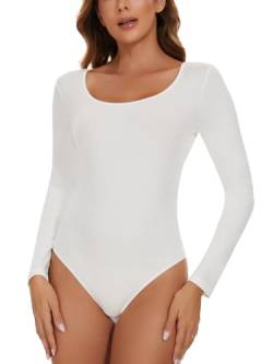 COMFREE Body Bodysuit Damen Elegant Rundhals Langarm Top Overall für Freizeit Eleganter Langarmshirt zweiten Skin T shirt U-Ausschnitt Weiß XXL von COMFREE