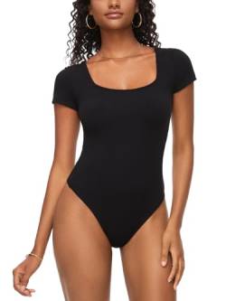 COMFREE Body Damen Bodysuit Elegant Kurzarm Top Eckiger Ausschnitt Damenbody Sommer Oberteil T-shirts Bodys Schwarz M von COMFREE