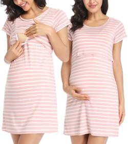COMFREE Nachthemden Damen Stillnachthemd Kurzarm Streifen Umstands Shlafthemd mit Knopf für Schwangerschaft und Stillzeit Sommer Pink L von COMFREE