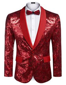 COOFANDY Glänzende Herren-Blazer mit Pailletten, florales Design, Smoking für Party, Hochzeit, Bankett, Abschlussball, rot (a), XL von COOFANDY