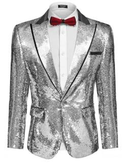 COOFANDY Glänzende Pailletten-Anzugjacke für Herren, Blazer mit einem Knopf, Smoking für Party, Hochzeit, Bankett, Abschlussball, silber, XX-Large von COOFANDY