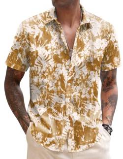 COOFANDY Hawaii Hemd Männer Blumen Hemd Herren Leinenhemd Quick Dry Hemd Sommerhemd Kurzarmhemd Aloha Shirts Herren Regular Fit Bali-Gelb L von COOFANDY