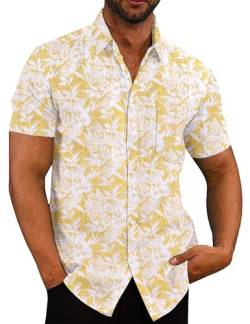 COOFANDY Hawaii Hemd Männer Hawaii Hemd Herren Hemd Sommer Leinenhemd Leicht Kurzarmhemden Sommer Strand Hemd Sommerhemd Urlaub Shirt Gelbe Blätter M von COOFANDY