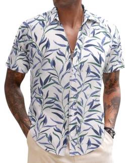 COOFANDY Hawaii Hemd Männer Hemd Herren Kurzarm Leinenhemd Blumenhemd Herren Freizeithemden Für Herren Sommerhemd Herren Leicht Blätter-Blau L von COOFANDY