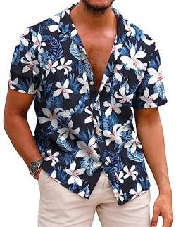 COOFANDY Hawaii Hemd Männer Kurzarmhemd Baumwolle Hawaii Kurzarmhemd Blumen Shirt Strandhemd Faltenfrei Urlaub Shirt Button Down Hemden for Herren A-Schwarz 3XL von COOFANDY