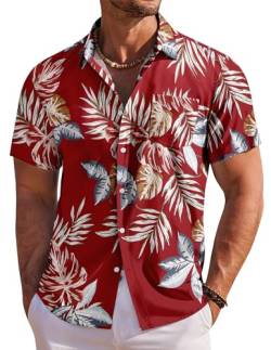 COOFANDY Hawaiihemd Herren Hemd Kurzarm Sommerhemd Herren Freizeithemden Blumen Urlaub Strand Hemd Regular Fit Rot-Tropisches Blatt L von COOFANDY
