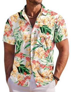 COOFANDY Hawaiihemd Herren Kurzarm Blumen Hemd Herren Hemd Sommer Bügelfrei Freizeithemd Urlaubshemd Strand Hemd Weiß-Blume L von COOFANDY