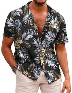 COOFANDY Hawaiihemd Herren Kurzarmhemd Sommer Herrenhemden Kurzarm Baumwolle Blumen Shirt Floral Strandhemd Bügelfrei Button Down Kurzarm Hawaii Shirt A-Palmblätter XXL von COOFANDY