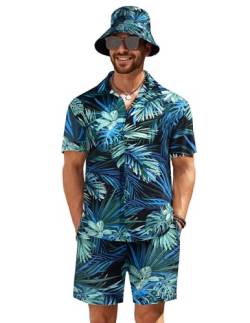 COOFANDY Hawaiihemd und kurze Blumenhemden für Herren, Urlaubs-Outfits, Sets mit Fischerhüten, Blaue Blätter, Mittel von COOFANDY