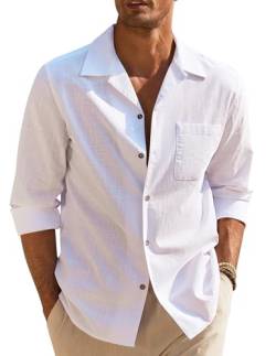 COOFANDY Hemd Herren Baumwolle Leinenhemd Sommer Strand Hemd Freizeithemd Men's Casual Shirt Langarmhemd Weiß 3XL von COOFANDY
