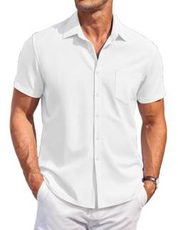 COOFANDY Hemd Herren Bügelfrei Kurzarm Freizeithemd Businesshemd Sommer Hemd Strand Hemd Hawaiihemd Button Down Hemd mit Tasche Weiß 3XL von COOFANDY