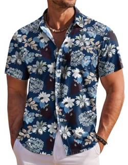 COOFANDY Hemd Herren Kurzarm Bügelfrei Hawaii Hemd Sommer Strand Hemd Kurzarmhemd Freizeithemd Regular Fit Blau-Blume 3XL von COOFANDY