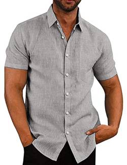 COOFANDY Hemd Herren Kurzarm Leinenhemd Freizeithemd Businesshemd Baumwoll Kurzarmhemd Sommerhemd Einfarbig Basic Men´s Shirt Hellgrau 3XL von COOFANDY