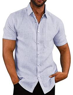 COOFANDY Hemd Herren Kurzarm Leinenhemd Kurzarmhemd Leinen Sommer Businesshemd Sommerhemd Leicht Freizeithemden Für Herren Strand Hemd Hellblaue Flecken 2XL von COOFANDY