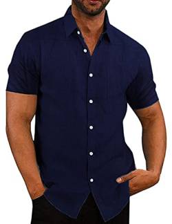 COOFANDY Hemden Herren Kurzarm Freizeithemd Leinenhemd Businesshemd aus Baumwolle Sommer Einfarbig Basic Hemd Men´s Shirt Regular Fit Strand Hemd Dunkelblau XL von COOFANDY