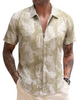 COOFANDY Hemden Herren Kurzarm Hawaii Hemd Männer Aloha Shirts Herren Leinenhemd Sommerhemd Herren Kurzarm Herren Strandhemd Herren Kurzarm Blätter-Sanftes Grau L von COOFANDY
