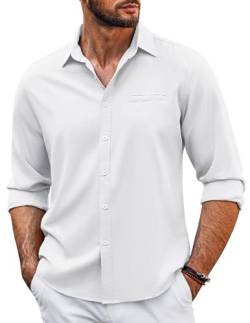 COOFANDY Hemden Herren Langarm Hemd Leinen Freizeithemd Casual Strand Regular Fit Sommerhemd Langarmhemd mit Brusttasche Weiß XL von COOFANDY