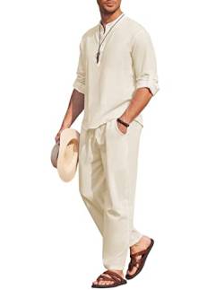 COOFANDY Herren 2 Stück Baumwolle Leinen Set Langarm Henley Shirts Casual Strand Hosen Mit Taschen Sommer Yoga Outfits, Beige, X-Large von COOFANDY