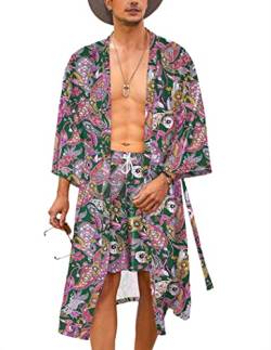 COOFANDY Herren 2-teiliges Kimono Bademantel Jacke Set Japanischer Stil Bademantel Open Front Cardian Beach Hawaii Outfit, Grün (Paisley-Druck), Medium von COOFANDY