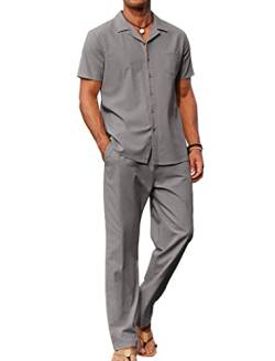 COOFANDY Herren 2-teiliges Leinen-Outfit Strand Button Down Hemd Casual Loose Pant Sets, GRAU, Large von COOFANDY