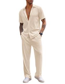 COOFANDY Herren 2-teiliges Outfit Casual Kurzarm Button Down Hemd Strand Sommer Lose Hosen Sets, Khaki, Medium von COOFANDY