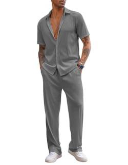 COOFANDY Herren 2-teiliges Outfit Casual Kurzarm Button Down Hemd Strand Sommer Lose Hosen Sets, grau dunkel, Large von COOFANDY