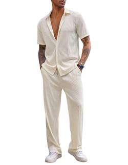 COOFANDY Herren 2-teiliges Outfit Casual Kurzarm Button Down Shirt Strand Sommer Lose Hosen Sets, Beige, Small von COOFANDY