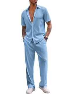 COOFANDY Herren 2-teiliges Outfit Casual Kurzarm Button Down Shirt Strand Sommer Lose Hosen Sets, Hell, blau, X-Large von COOFANDY