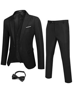 COOFANDY Herren 3-teiliger Anzug Slim Fit Smoking Ein-Knopf Abschlussball Anzüge Blazer Jacke Weste Hose mit Krawatte, schwarz, L von COOFANDY