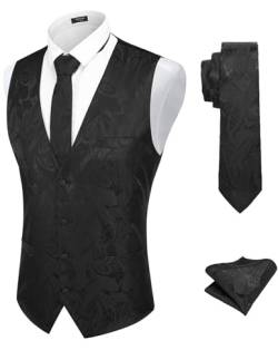 COOFANDY Herren 3-teiliges Paisley-Weste-Krawatten-Set, formelle Weste, Kleid, Anzug, Tux-Weste, Set mit Einstecktuch, Black, X-Large von COOFANDY