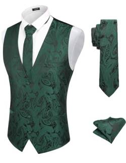 COOFANDY Herren 3-teiliges Paisley-Weste-Krawatten-Set, formelle Weste, Kleid, Anzug, Tux-Weste, Set mit Einstecktuch, Dark Green, Large von COOFANDY