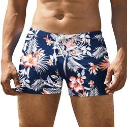 COOFANDY Herren-Badehose mit quadratischem Bein, bedruckt, sportlicher Badeanzug, Badehose, Marineblaue Blumen, Large von COOFANDY