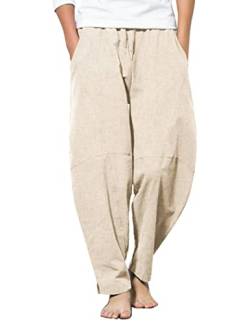 COOFANDY Herren Baumwolle Leinen Haremshose Casual Lose Hippie Yoga Strandhose, Khaki, Mittel von COOFANDY